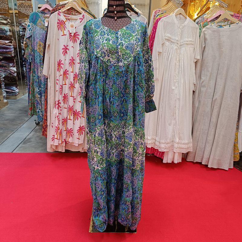 L/XL Emna Printed Cotton Dress 57"Long Sleeves Jalabiya