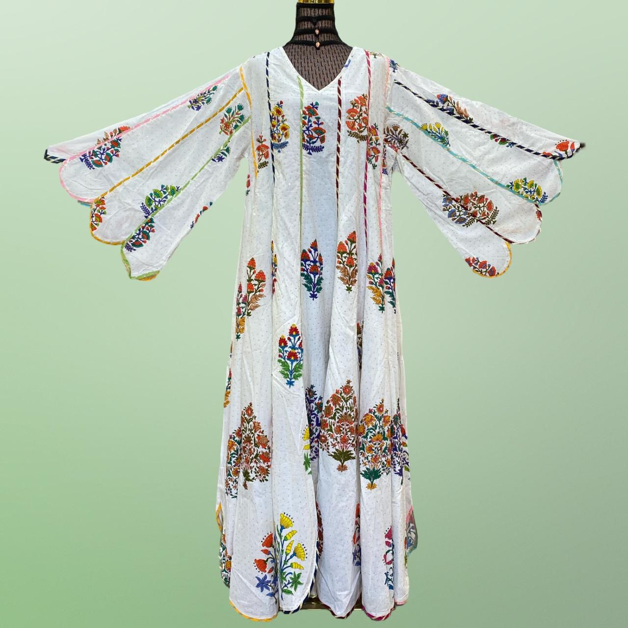 2XL/3XL Meher Crystal white Printed Cotton Dress 57" Long Jalabiya