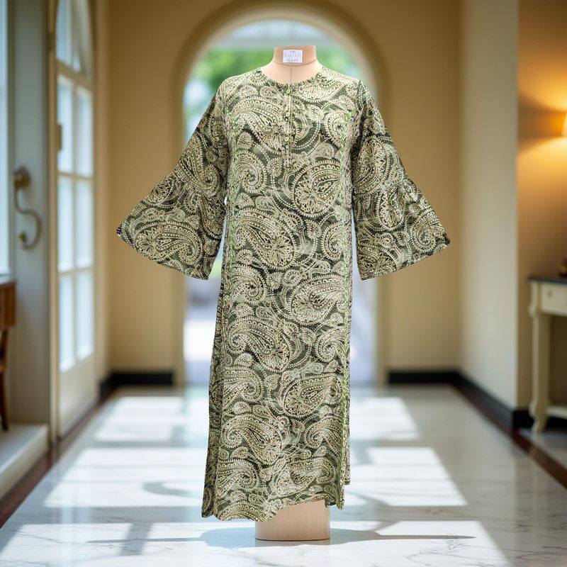 L/XL Marry Silk Crystal Printed  Dress 57" Long Jalabiya