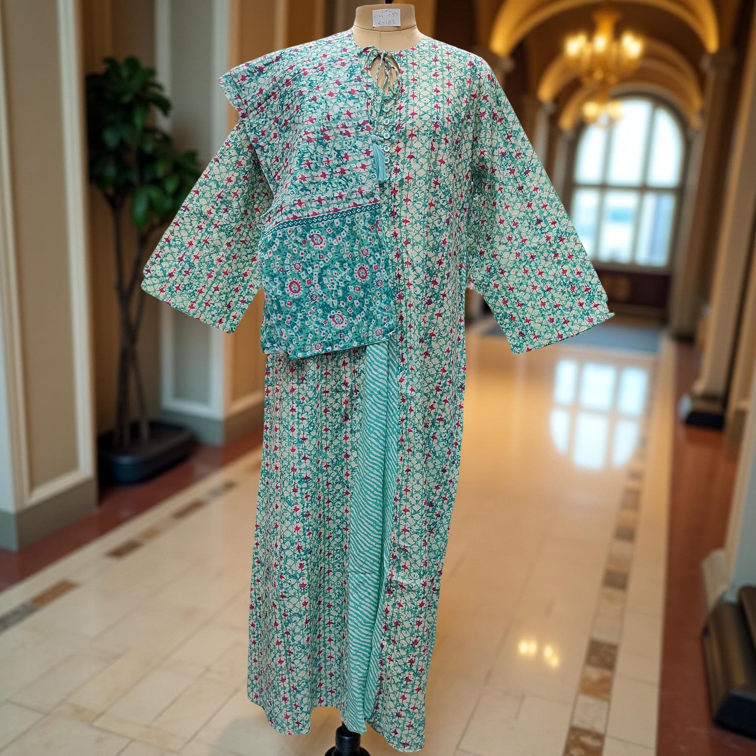 L/XL Nobila Printed Cotton Dress With Scarf 57" Long Jalabiya