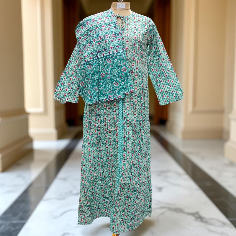 S-M Nobila Printed Cotton Dress With Scarf 57" Long Jalabiya