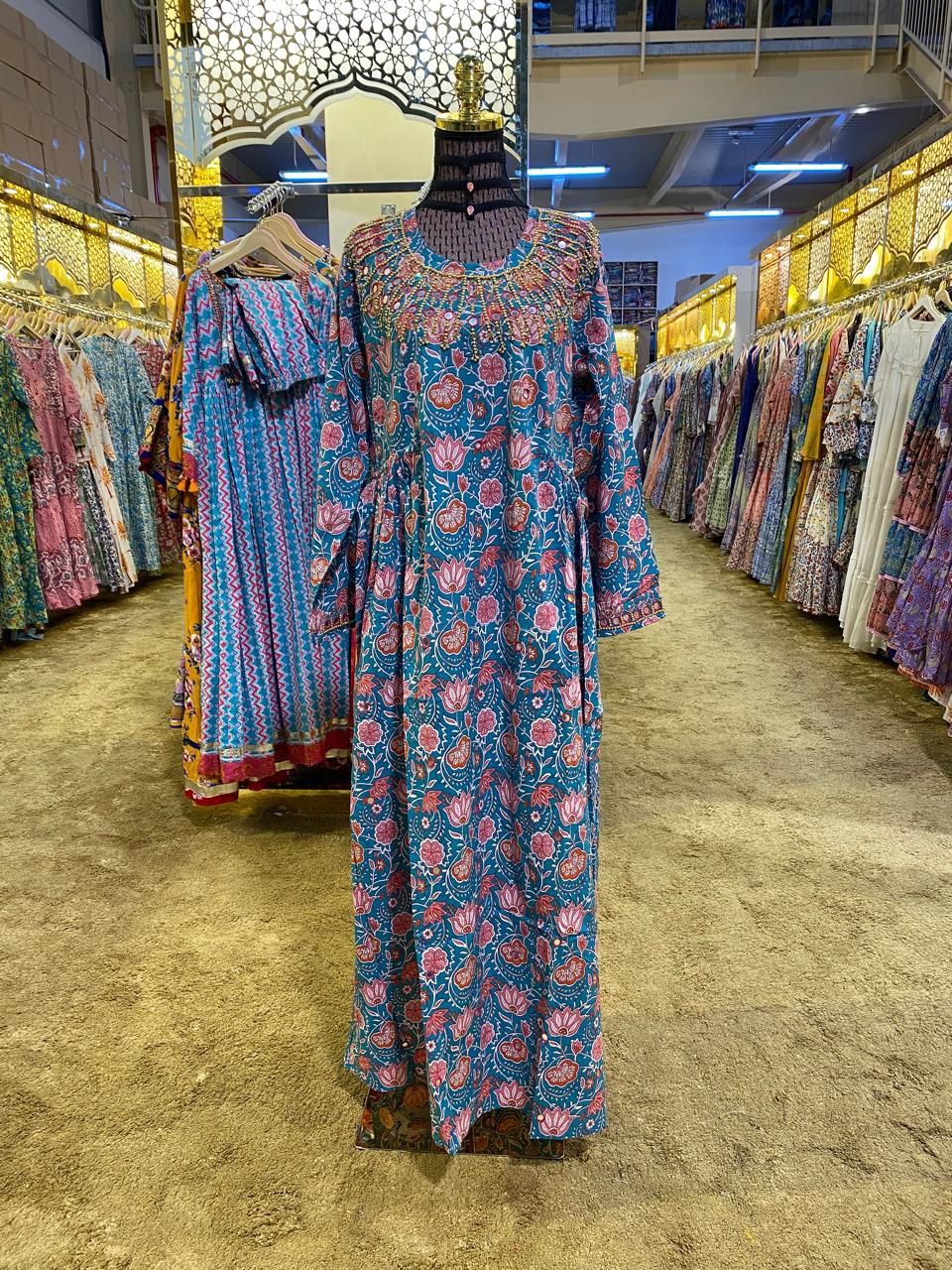 S/M Bhopali Printed And Hand work Cotton Dress 57" Long Jalabiya