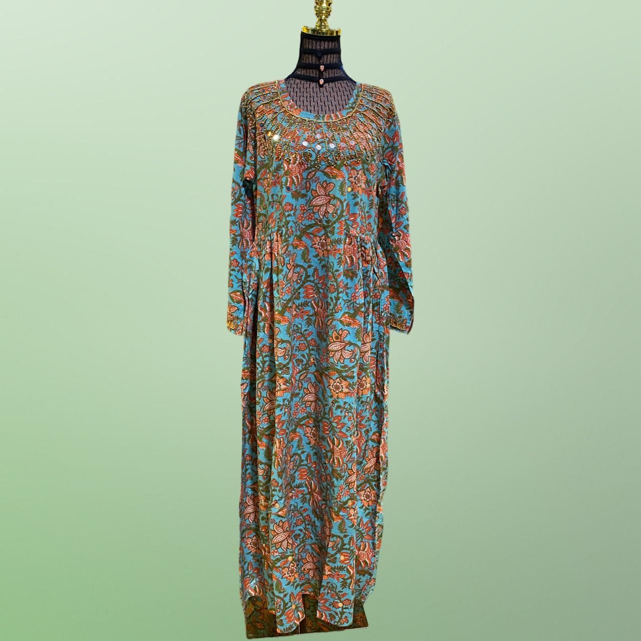 S/M Bhopali Printed And Hand work Cotton Dress 57" Long Jalabiya