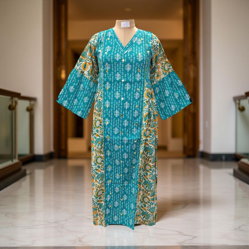 L/XL Saida Printed Cotton Dress 57" Long Jalabiya