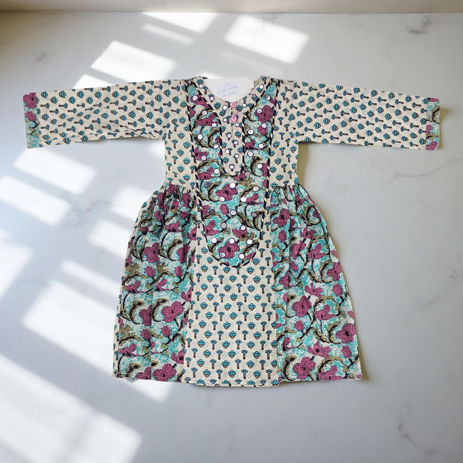 1-2 Year Suf Blue Printed Cotton Girls Dress 26'' Long Jalabiya