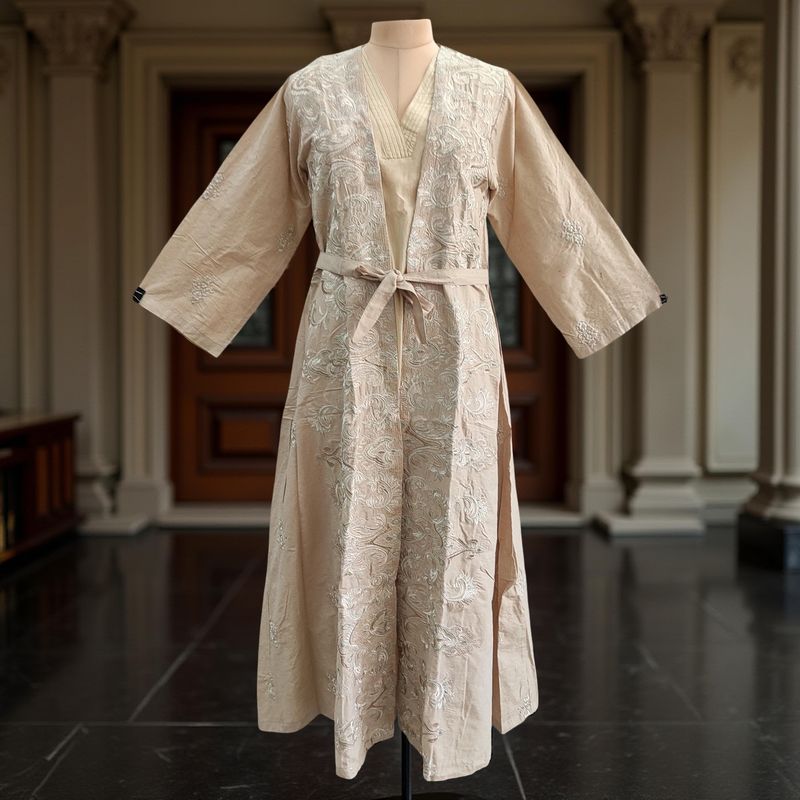 Free Size Linen Embroidery  Abaya &amp; Cotton Inner Set length 57” Long