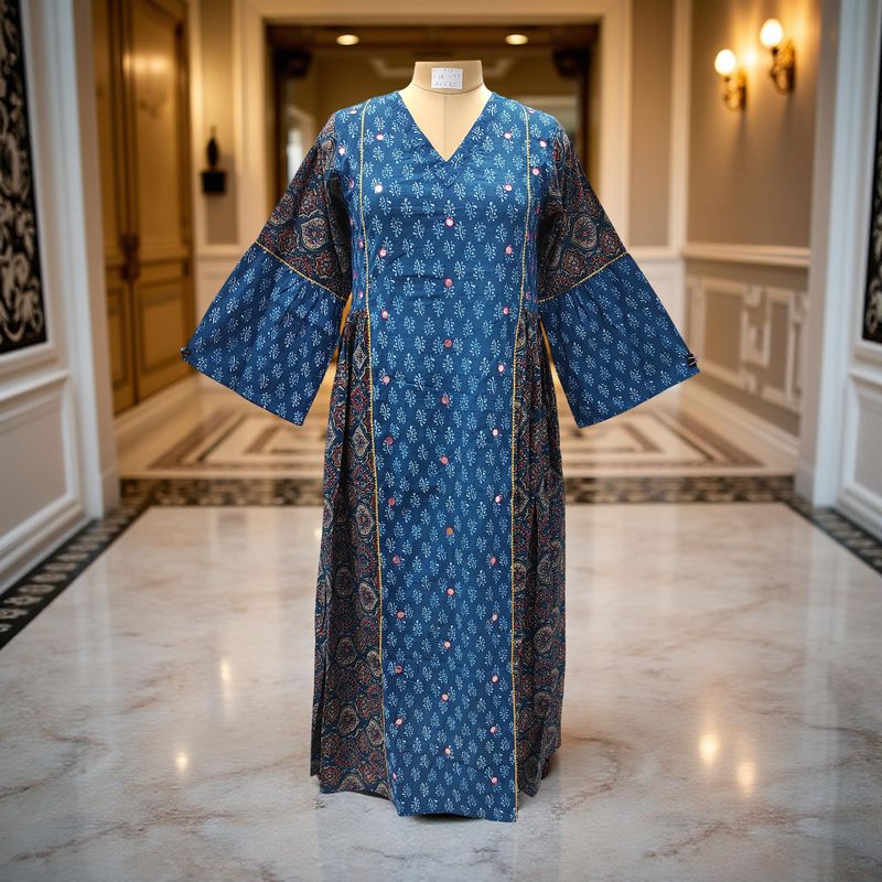 L/XL Saida Printed Cotton Dress 57" Long Jalabiya