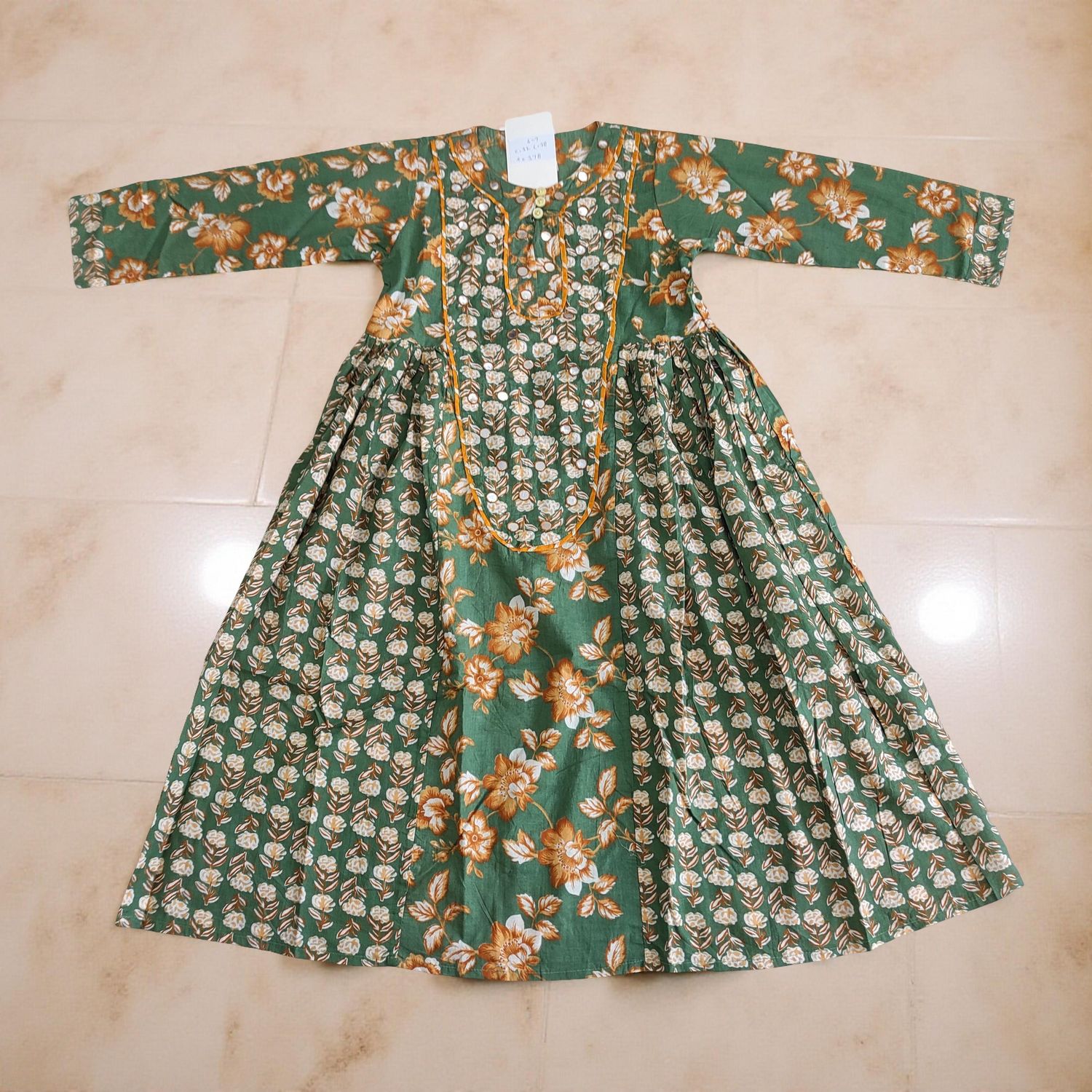 1-2 Year Suf Blue Printed Cotton Girls Dress 26'' Long Jalabiya