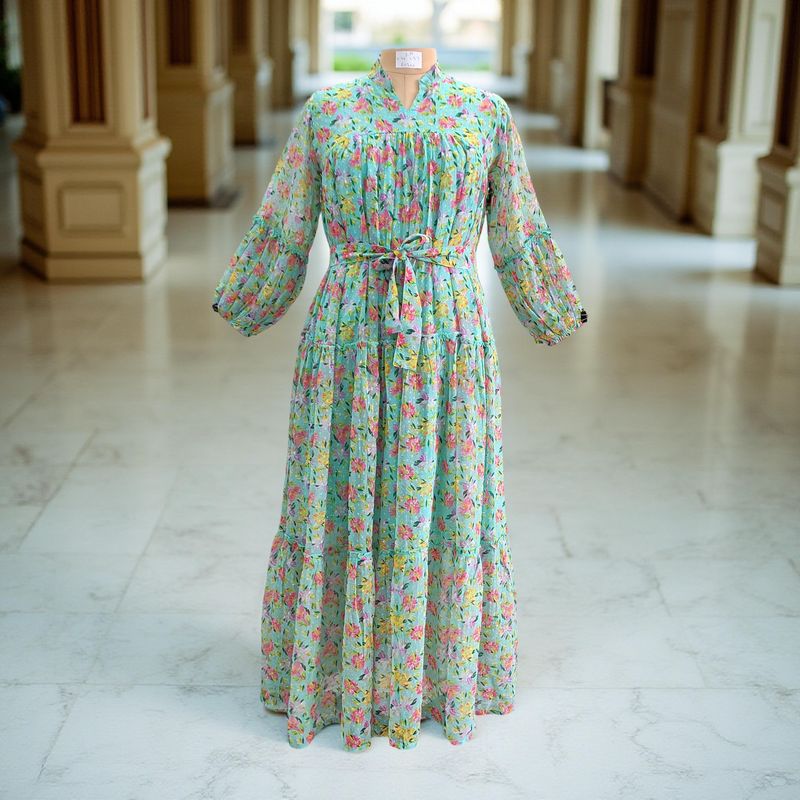 S/M Ziya Silk Crystal Printed Cotton Dress 57" Long Jalabiya