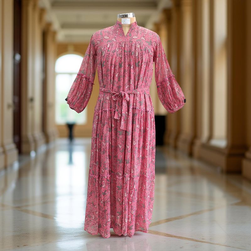 S/M Ziya Silk Crystal Printed Cotton Dress 57" Long Jalabiya