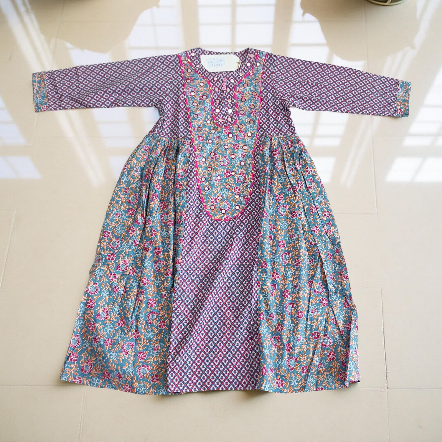 6-7 Year Suf Printed Cotton Girls Dress 38" Long Jalabiya