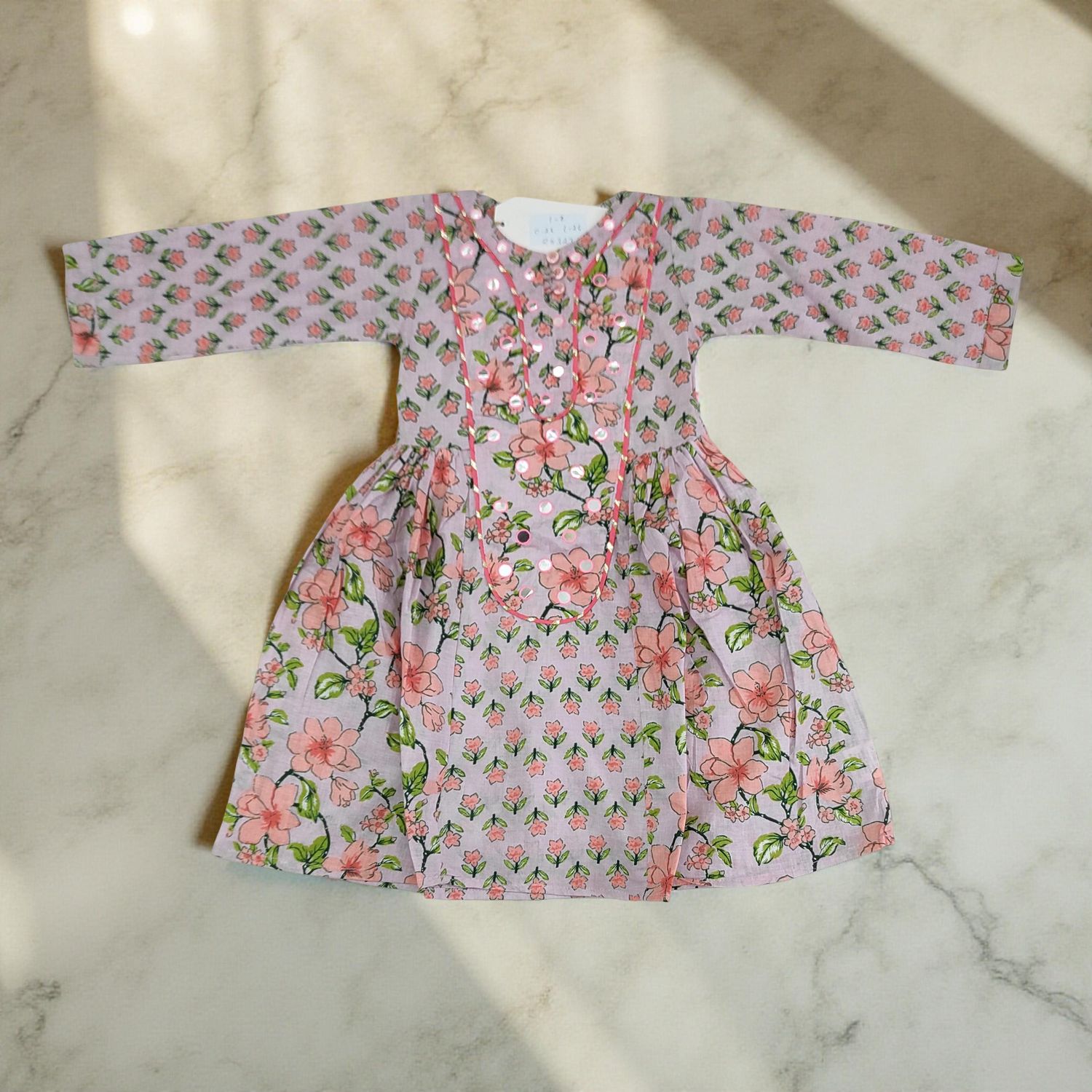 1-2 Year Suf Blue Printed Cotton Girls Dress 26'' Long Jalabiya