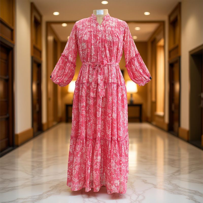 S/M Ziya Silk Crystal Printed Cotton Dress 57" Long Jalabiya