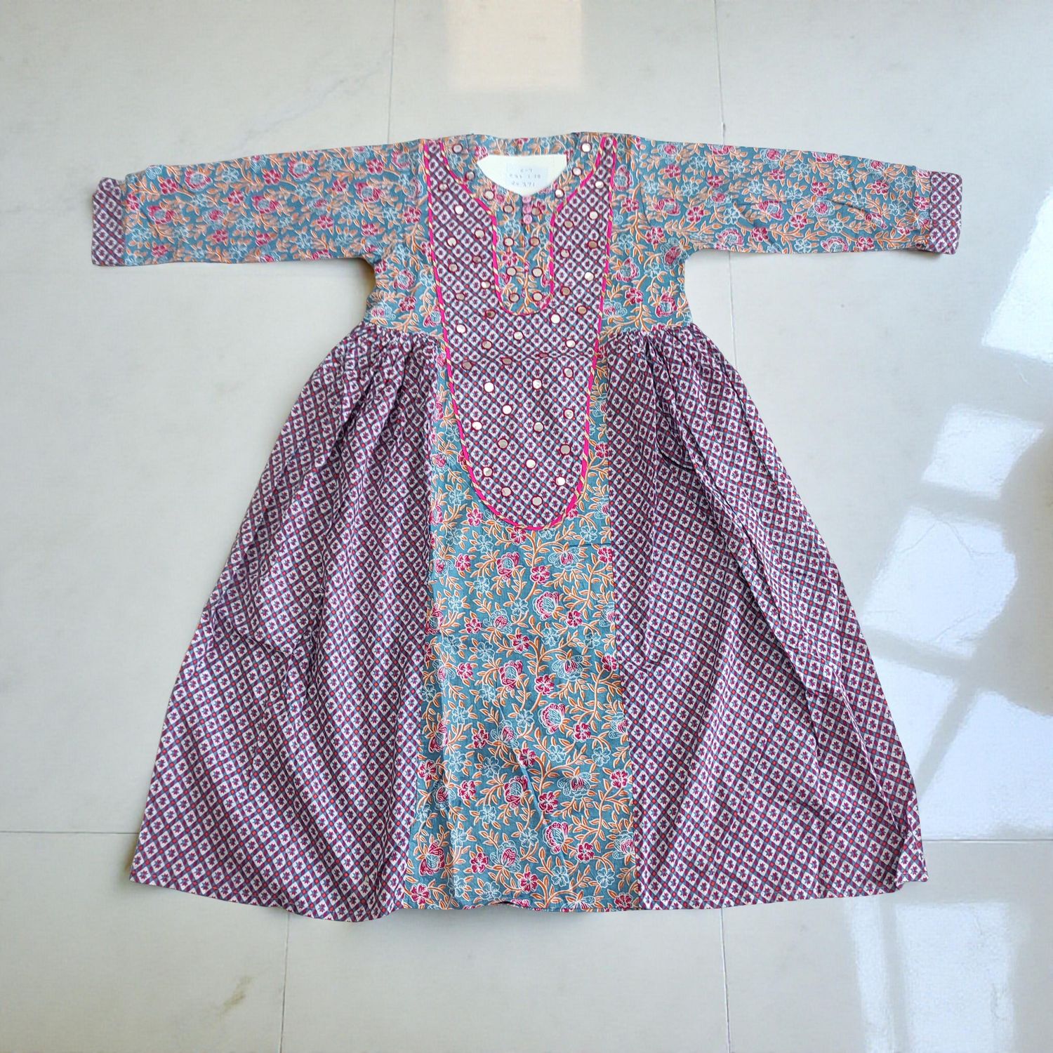 6-7 Year Suf Printed Cotton Girls Dress 38" Long Jalabiya
