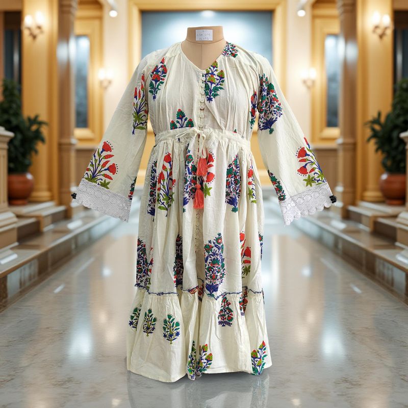 10-11 Year Ari Printed Cotton Girls Dress 46" Long Jalabiya