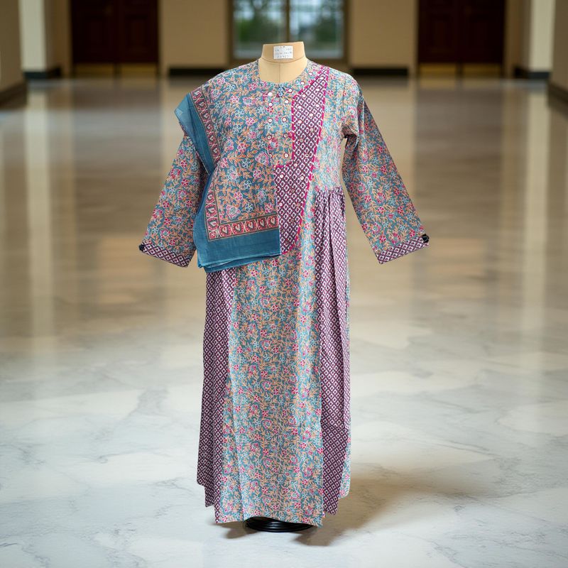 S/M Suf With Scarf Printed Cotton Dress 57"Long Sleeves Jalabiya