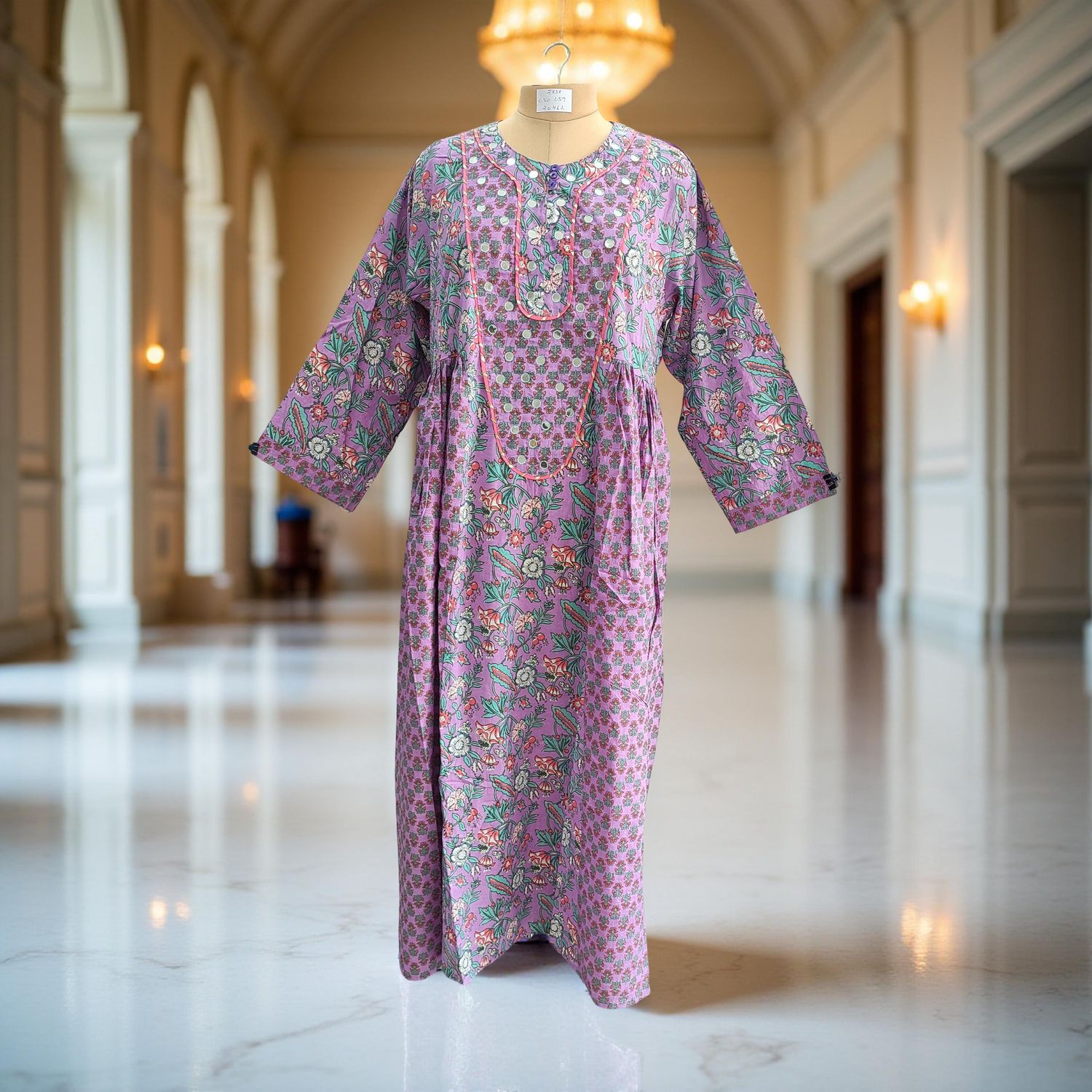 2XL/3XL Suf Printed Cotton Dress 57"Long Sleeves Jalabiya