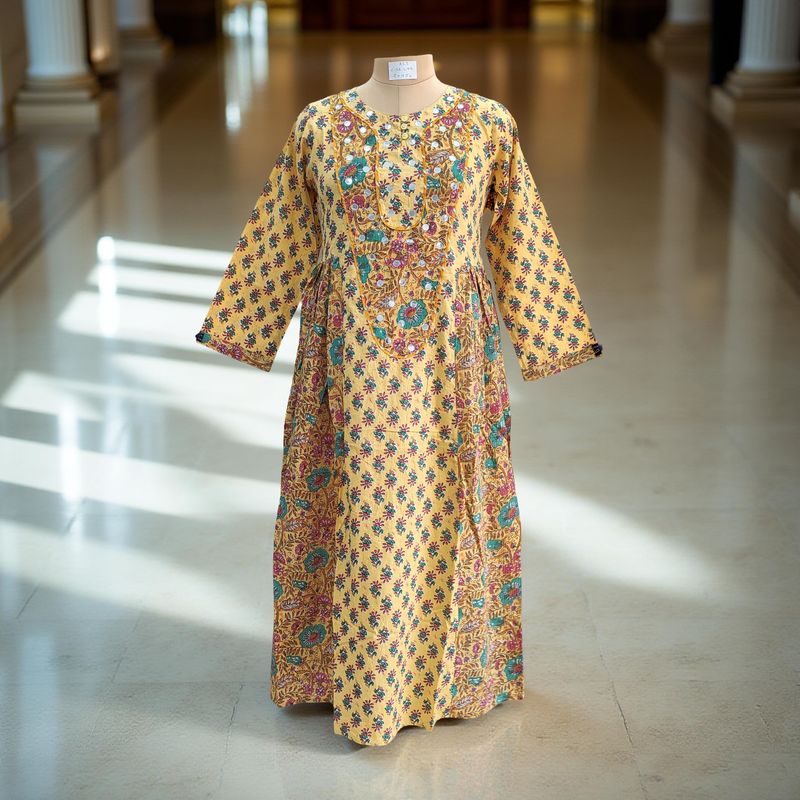 XS/S Suf Printed Cotton Dress 54"Long Sleeves Jalabiya