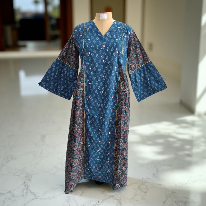 L/XL Saida Printed Cotton Dress 57" Long Jalabiya