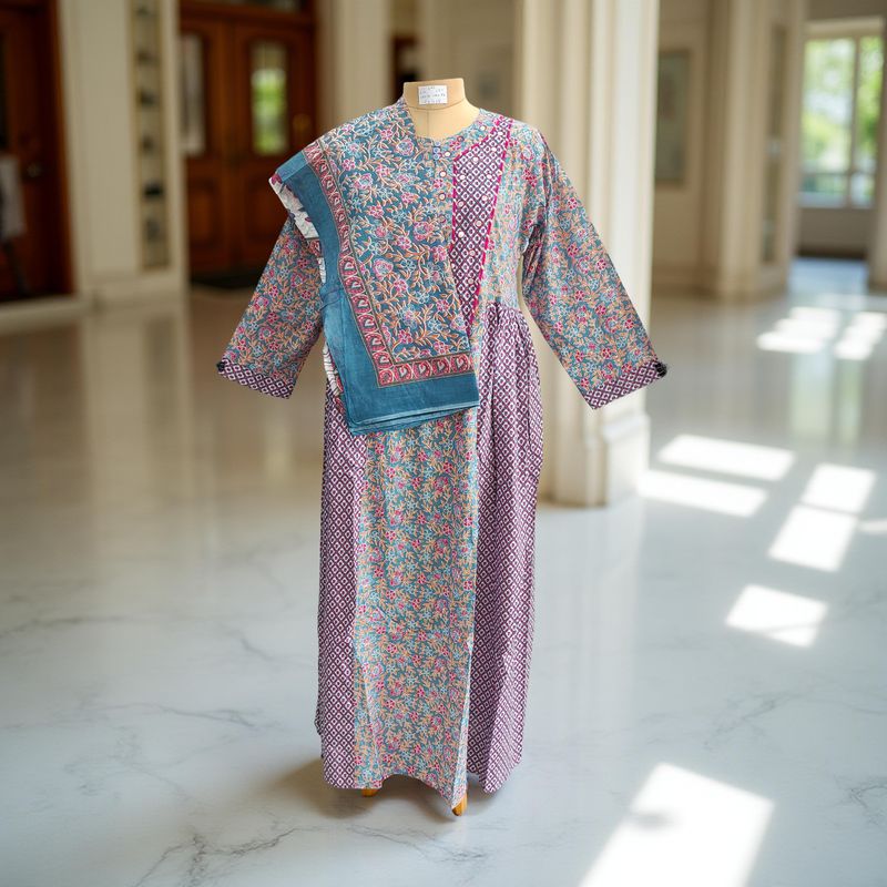 L/XL Suf With Scarf Printed Cotton Dress 57"Long Sleeves Jalabiya