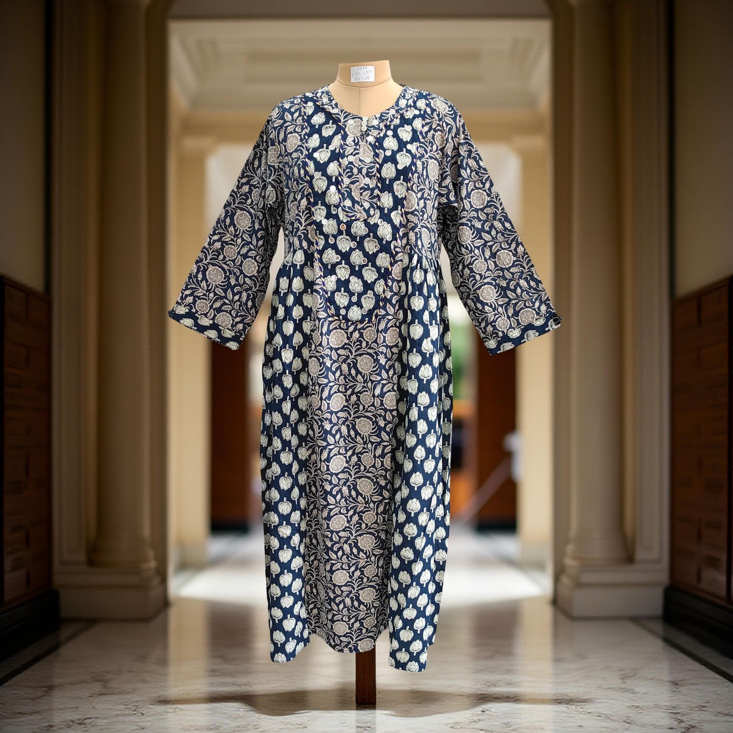 2XL/3XL Blue Printed Cotton Girls Dress 57'' Long Jalabiya