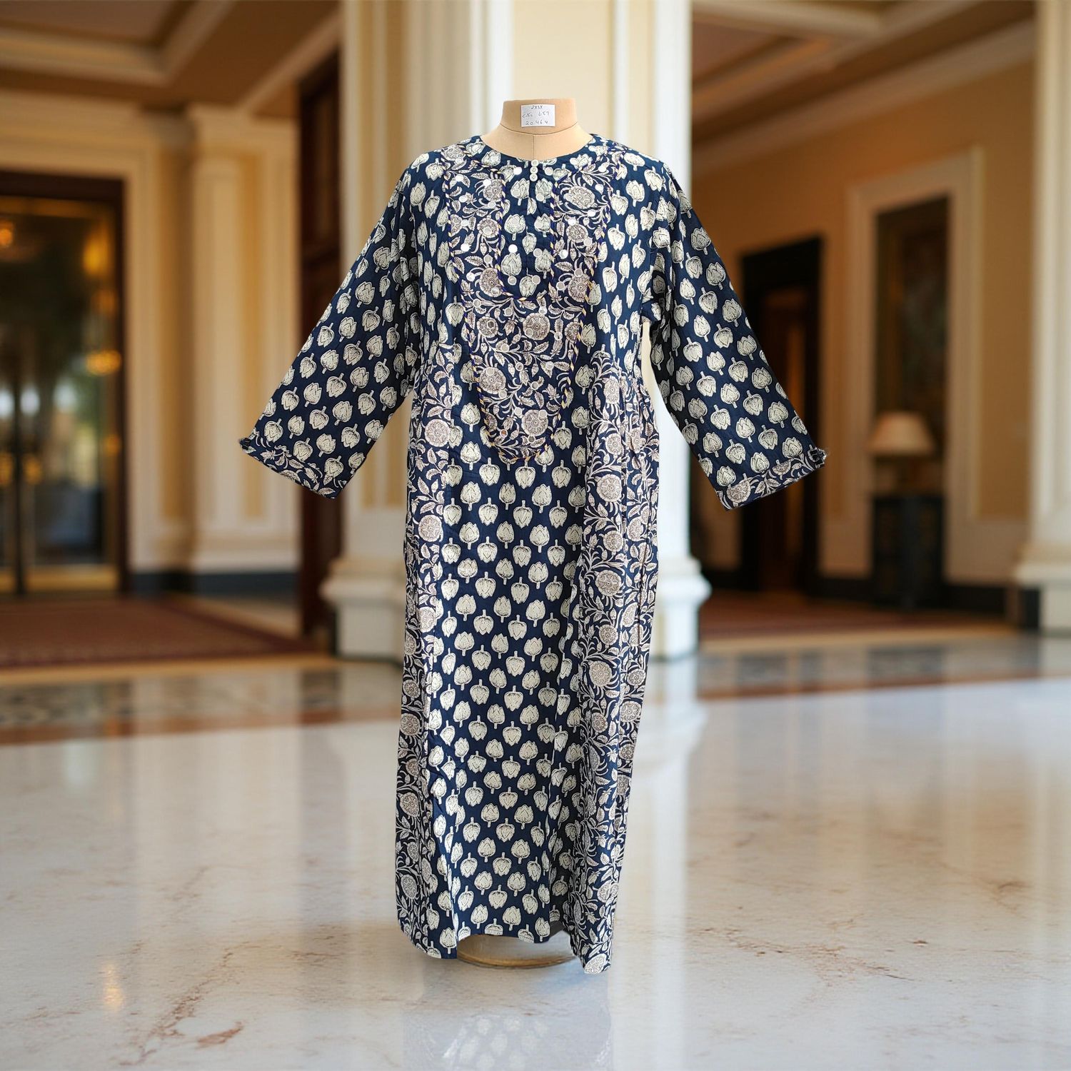 2XL/3XL Blue Printed Cotton Girls Dress 57'' Long Jalabiya