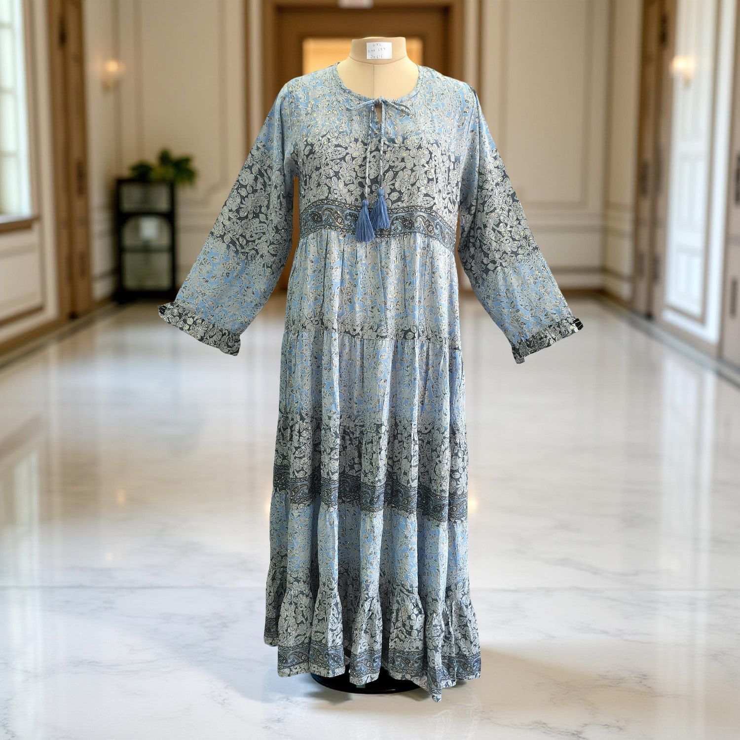 L/XL Razia Silk Crystal Printed  Dress 57" Long Jalabiya