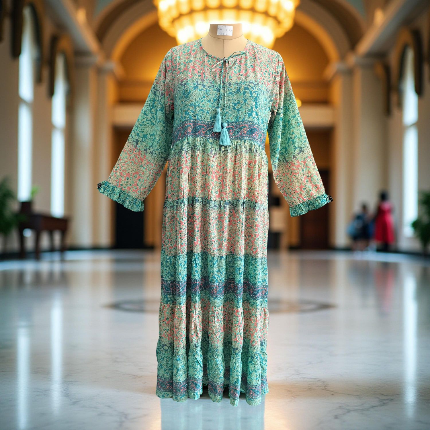 L/XL Razia Silk Crystal Printed  Dress 57" Long Jalabiya