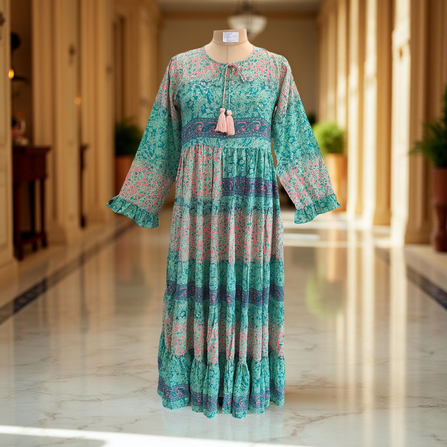 S/M Razia Silk Crystal Printed  Dress 57" Long Jalabiya