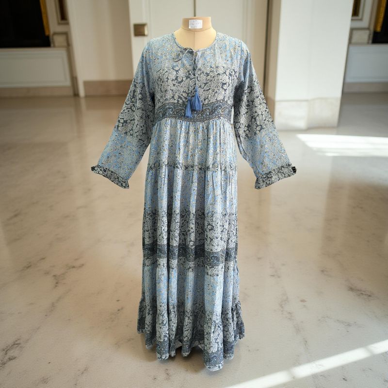 S/M Razia Silk Crystal Printed  Dress 57" Long Jalabiya