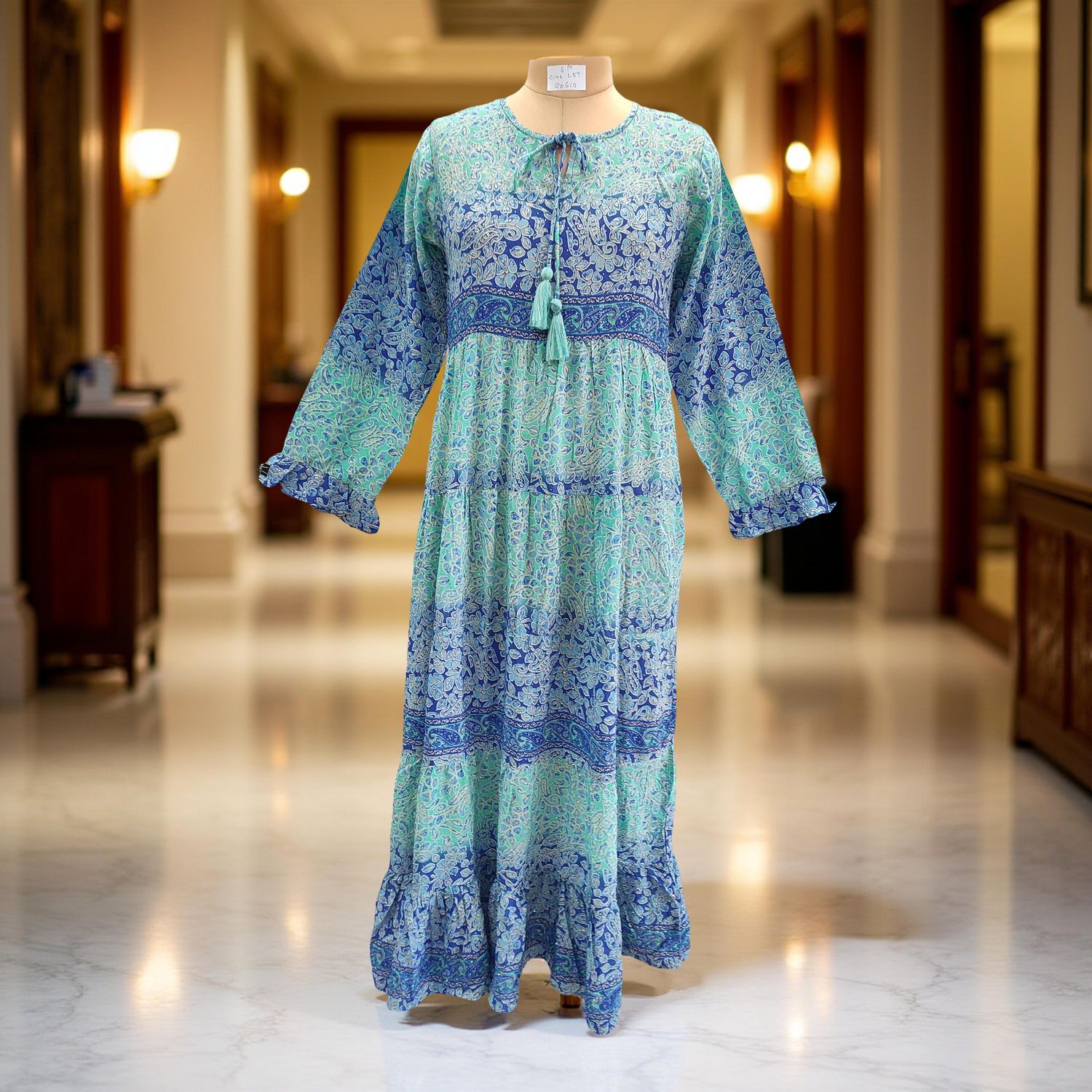 S/M Razia Silk Crystal Printed  Dress 57" Long Jalabiya