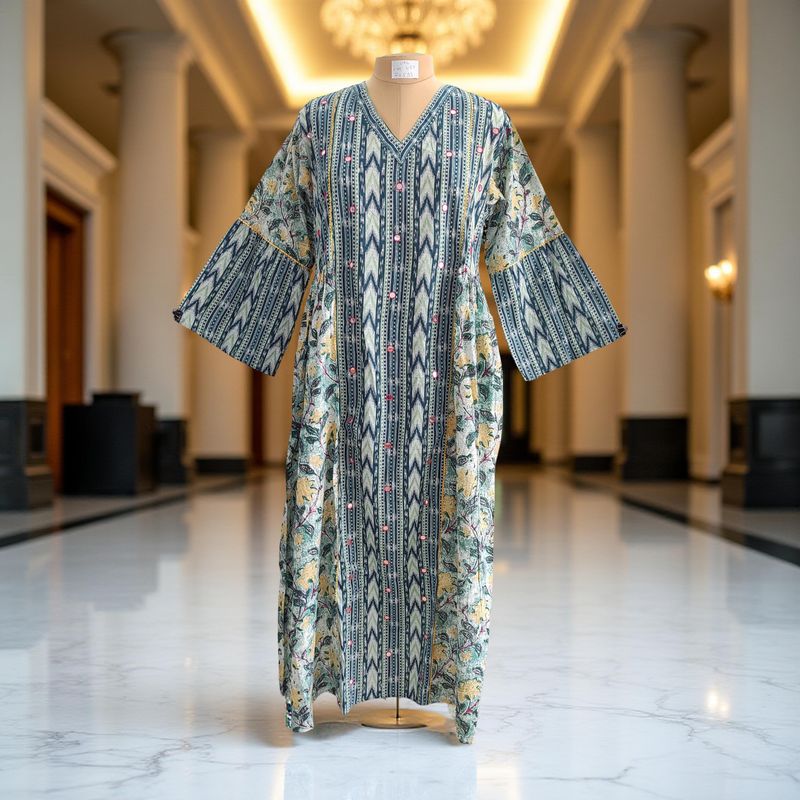 L/XL Saida Printed Cotton Dress 57" Long Jalabiya