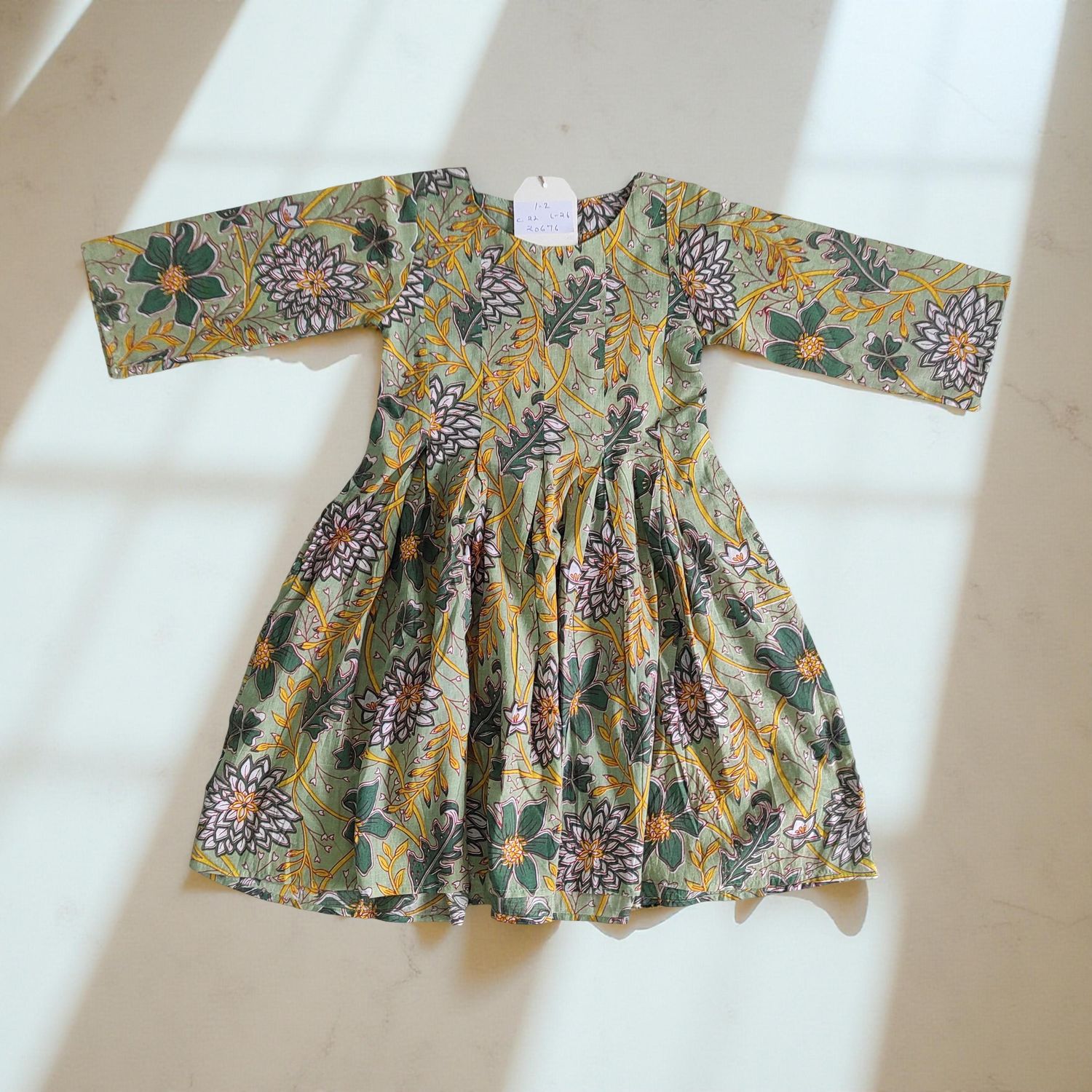 1-2 Year Ruby Green Printed Cotton Girls Dress 26" Long Jalabiya
