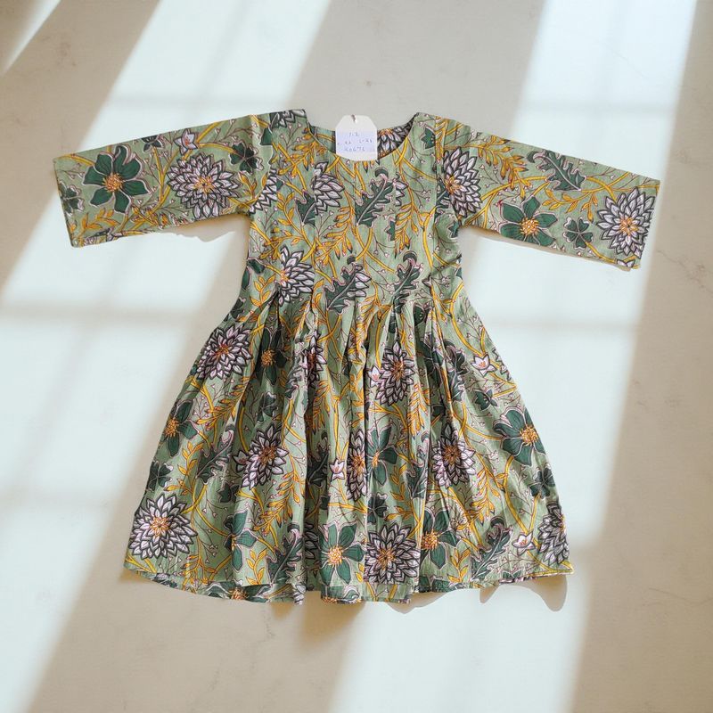 1-2 Year Ruby Green Printed Cotton Girls Dress 26" Long Jalabiya