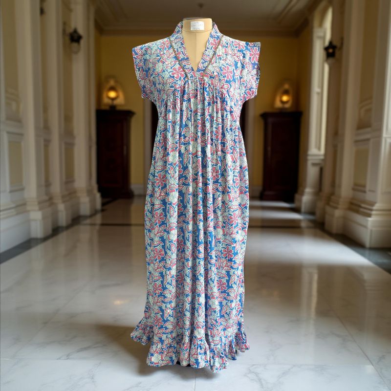 L/XL Satin Amani Printed Cotton Dress 57" Short Sleeves Jalabiya