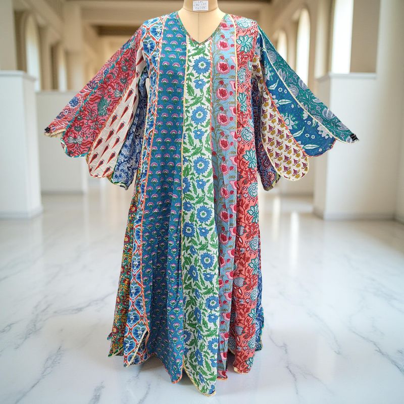 L/XL Meher Multi Printed Cotton Dress 57" Long Jalabiya