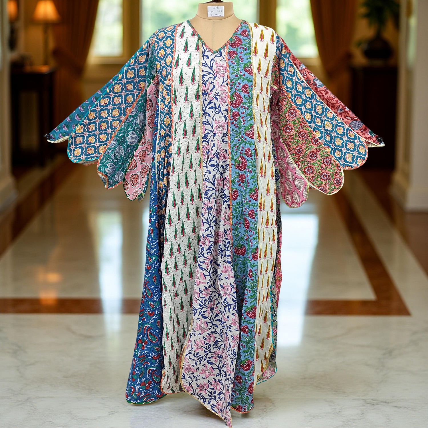 L/XL Meher Multi Printed Cotton Dress 57" Long Jalabiya