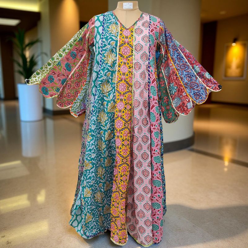 S/M Meher Multi Printed Cotton Dress 57" Long Jalabiya