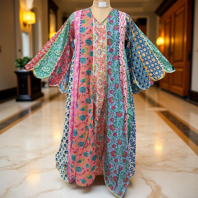 S/M Meher Multi Printed Cotton Dress 57" Long Jalabiya