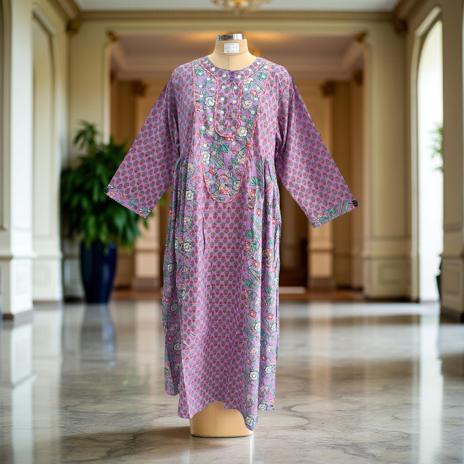 2XL/3XL Blue Printed Cotton Girls Dress 57'' Long Jalabiya