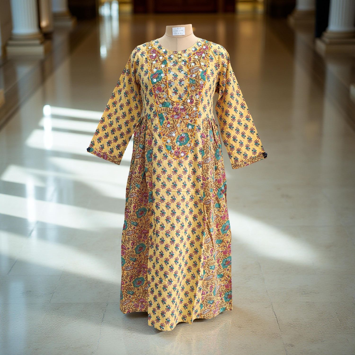 XS/S Suf Printed Cotton Dress 54"Long Sleeves Jalabiya