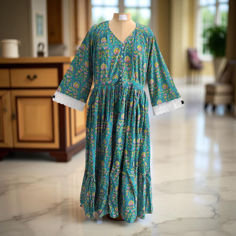 L/XL Ari Printed Cotton Dress 57" Long Jalabiya