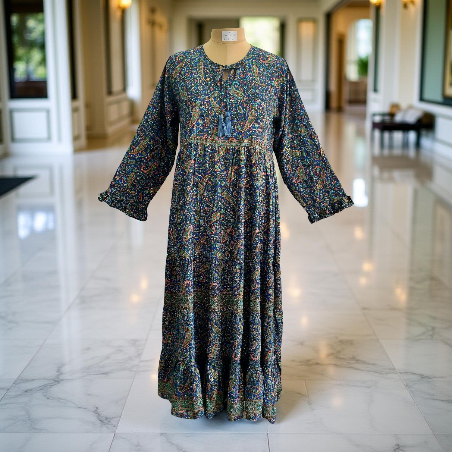 L/XL Razia Silk Crystal Printed  Dress 57" Long Jalabiya