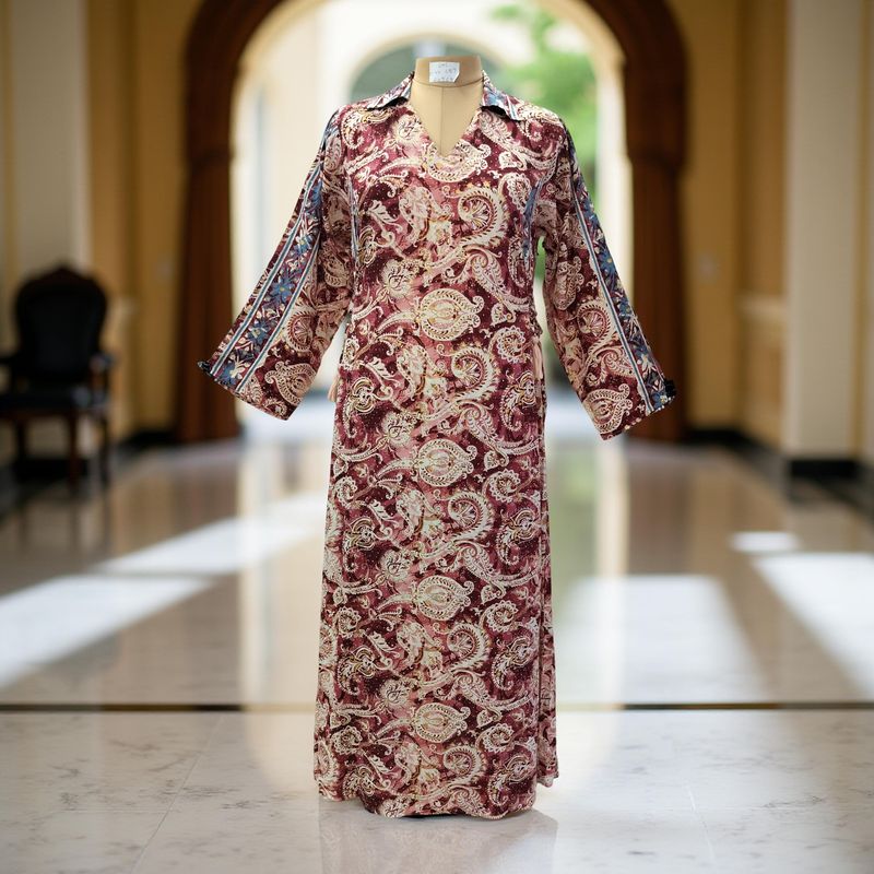 L/XL Hayat Silk Crystal Printed  Dress 57" Long Jalabiya