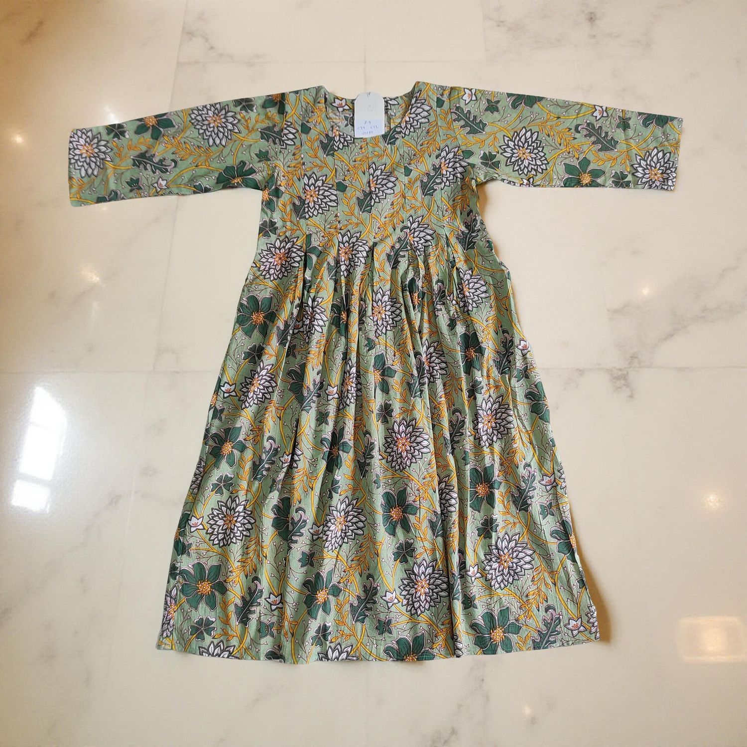 8-9 Year Ruby Green Printed Cotton Girls Dress 42" Long Jalabiya