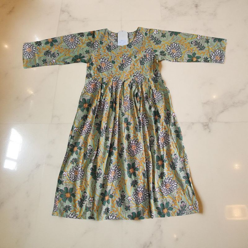 8-9 Year Ruby Green Printed Cotton Girls Dress 42" Long Jalabiya