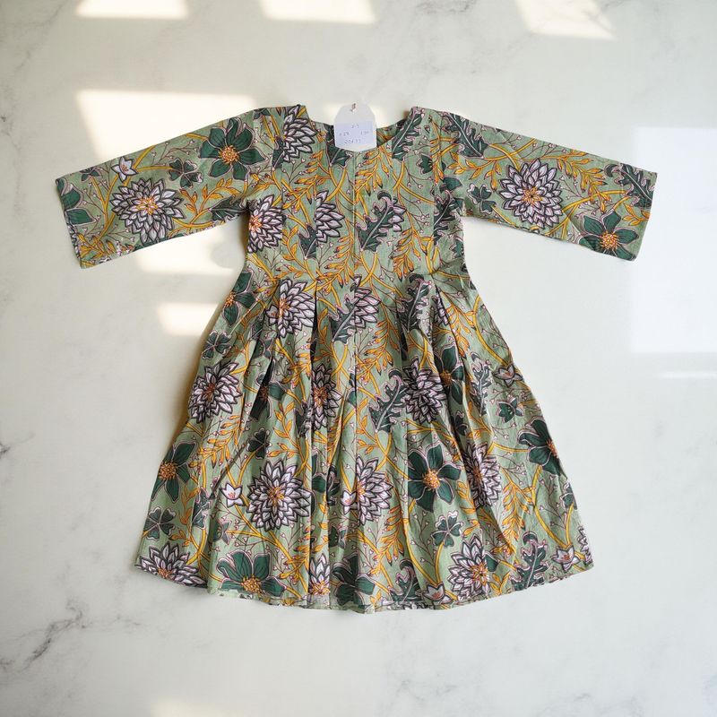 2-3 Year Ruby Green Printed Cotton Girls Dress 30" Long Jalabiya