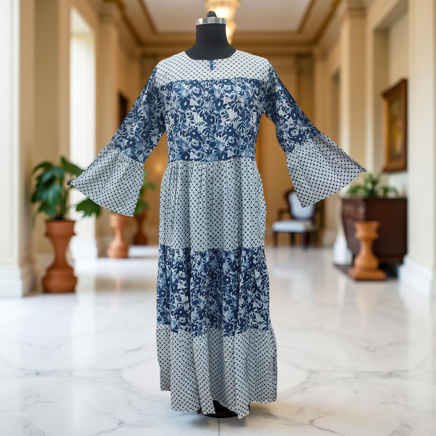 XS/S  Moon White And Blue Printed Cotton Dress 54" Long Jalabiya