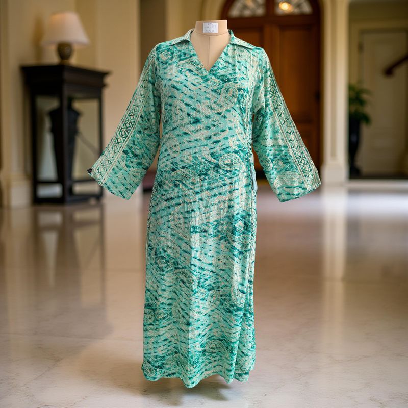 L/XL Hayat Silk Crystal Printed  Dress 57" Long Jalabiya