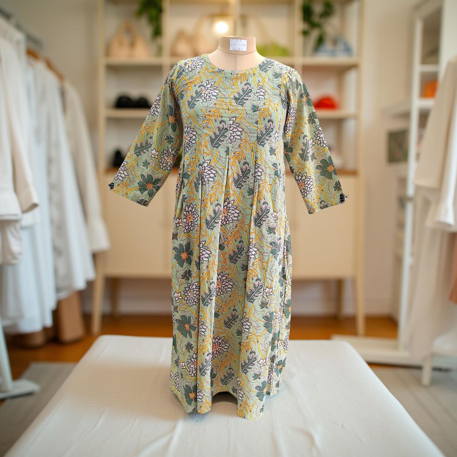 12-13 Year Ruby Green Printed Cotton Girls Dress 50" Long Jalabiya